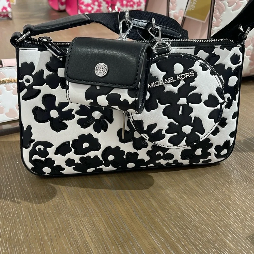 MICHAEL KORS Jet Set Sm Sequined Floral Print Crossbody w Case for Apple Airpods - Picture 15 of 16